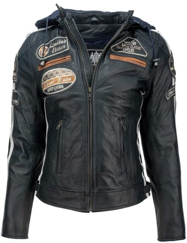 URBAN 5884 Chaqueta de moto para mujer con protectores, de piel de cordero, con protectores de espalda, hombros y codos. | Azul | 2XL