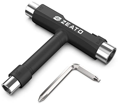Zeato All-in-One Skate Tools Werkzeuge für Skateboards Multifunktionale Tragbar Skateboard Longboard T Tool Zubehör mit T-Type Schlüssel und L-Type Kreuzschlitz-Schlüssel Schraubenzieher - Schwarz