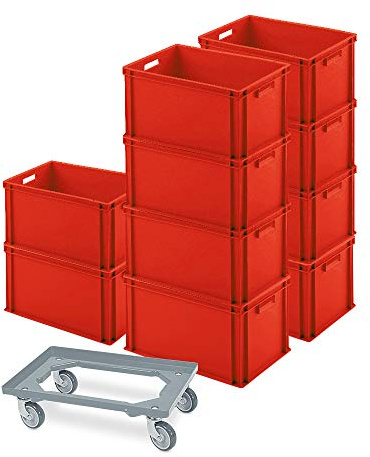 BRB 10er SPAR-Set Euro-Behälter PLUS Transportroller, 600x400x320 mm Industriequalität lebensmittelecht (rot/grau)