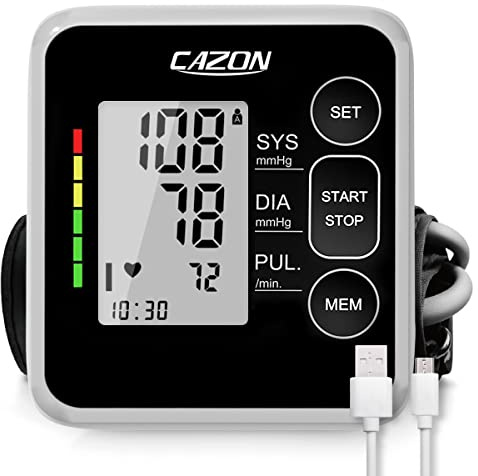 CAZON Tensiómetro de Brazo, Monitor de presiónarterial para uso doméstico. Detector electrónico defrecuencia cardiaca con brazalete 22-40cm,2X120memoria (Negro)