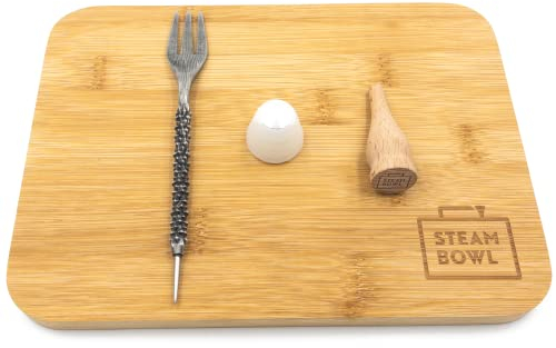 STEAMBOWL Shisha Kopfbaubrett mit Tabakgabel, Lochstecher und Phunnelstopfen - Hochwertiges Bambus Brett mit Kopfaufsatz und Dichtung - Komplettset - Perfekt für Phunnel Steinkopf und Tonkopf