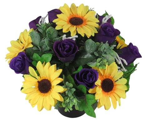 Just Because Silk Flowers Artificial/Silk Flower Arrangement in Grave Pot, Vibrant Mix of Sunflowers and Rosebuds, 25cm