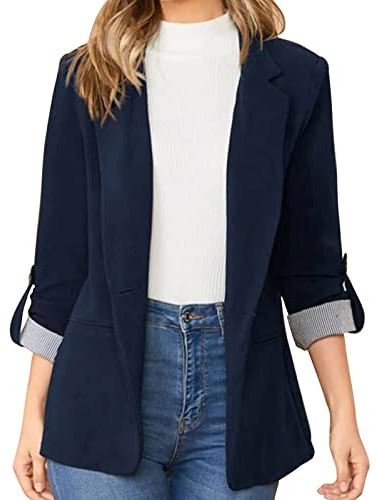 Blazer Elegant para Mujer Chaqueta de Traje Blazer Largo de Manga Larga Top Moda de Negocios Cárdigan con Bolsillos(L-Azul carmesí)