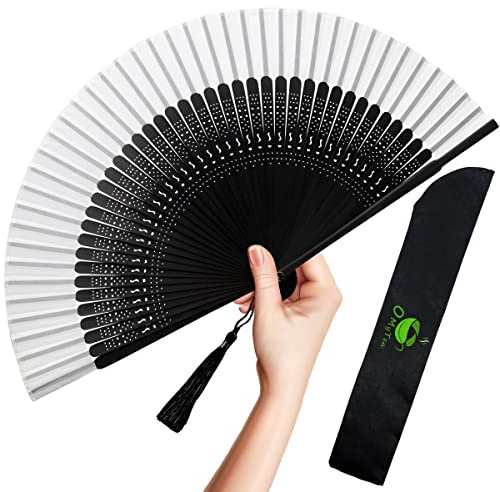 OMyTea Faltbarer Handfächer für Frauen – Faltbarer chinesischer japanischer Vintage-Bambus-Seidenfächer – für Heißblitz, Kirche, Dekoration, EDM, Musikfestival, Tanz, Geschenk (Sexy Schwarz,Weiß)