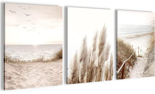 Novart Wandbilder Set Boho - KOMPLETT AUFHÄNGFERTIG - Wohnzimmer Schlafzimmer Deko - 3 Moderne Bilder Beige - N003935a