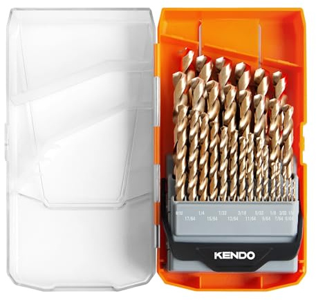 KENDO 29PCS Cobalt Drill Bit Set (1/16''-1/2''), M35 High Speed Steel,135 Degree Tip, Twist Jobber Length Drill Bits Set for Hard Metal, Stainless Steel, Cast Iron and Wood with Storage Case | 29PCS M35 HSS cobalt twist bits with 135-degree tips and case for stainless steel, cast iron, wood and plastic