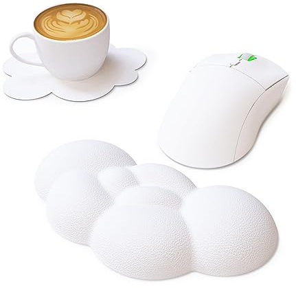 ZIYOU LANG Repose-poignet En Mousse À Mémoire de Forme Cloud pour Clavier D'ordinateur, Souris, Tapis de Souris 2en 1 avec Dessous de Verre Design Ergonomique pour Soulager La Douleur Au Clavier-Blanc