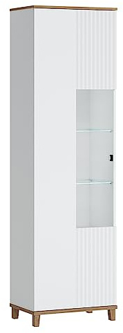 Lomadox Vitrinenschrank Vitrine Glasvitrine in weiß mit Eiche Nb., B/H/T ca. 60,8/208,4/40 cm