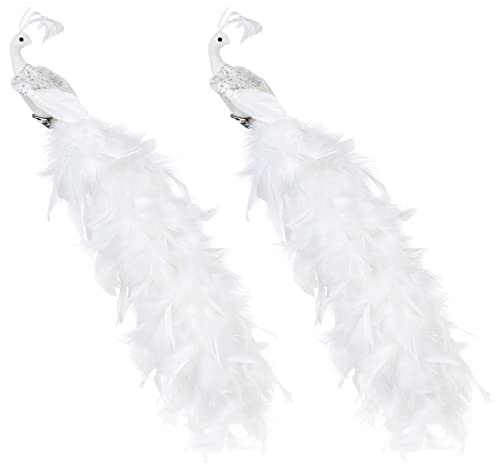 TITA-DONG 2 Stück Pfauen-Weihnachtsschmuck, 19 Zoll Blauer Pfauenvogel mit Federschwanz Zum Anklemmen, Glitzernde Phönix-Weihnachtsdekoration, Pfauenvögel mit Künstlichen Federn für die(Weiss)