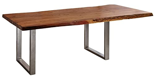 MASSIVMOEBEL24.DE Massiv Esstisch Baumkante Baumtisch mit Ansteckplatte Akazie 180-240x100x78cm walnuss lackiert Freeform 2#23