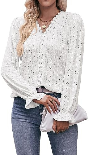Coloody Blusa de Manga Larga para Mujer Color sólido Suelto Casual Elegante Cuello en V Gasa ​Encaje Camiseta Tops-Blanco-XXL