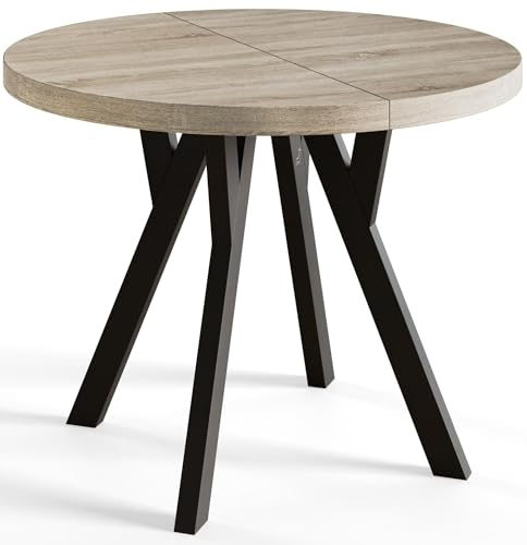 AlpiMeble Esstisch Ausziehbar OVO, 90-190cm, Stabile Beine, Sonoma | Runder Tish, Moderner Design, Wohnzimmertisch und Küchentisch, Stabile Konstruktion, Schwarze Beine