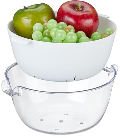 Relaxdays Scolapasta con Scodella, in Plastica, per Lavare Frutta e Verdura, per Scolare la Pasta, Trasparente/Bianco, 10 x 22,5 x 21 cm