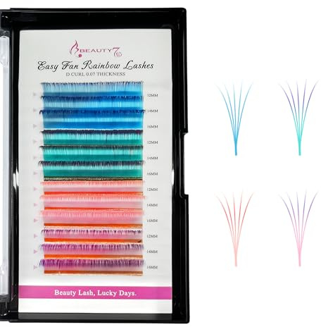 Beauty7 Selbstfächernde Wimpern D+ Curl 0.07 Easy Fan Lashes Für Volumentechik, 4 Farben, 12mm 14mm 16mm, Verlaufsfarbe Regenbogenfarben