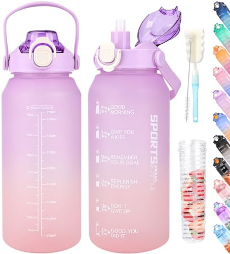 AOPREL Trinkflasche 2l, Wasserflasche mit Strohhalm & Früchtebehälter, Trinkflasche Sport Kohlensäure Geeignet, BPA Frei Auslaufsicher Sportflasche mit Zeitmarkierung für Fitness, Yoga und Outdoor