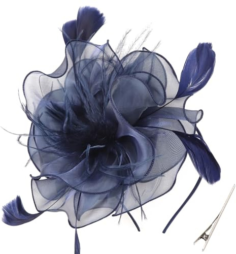 DRESHOW Fascinators Hat Cocktail Tea Party Headwear Flor de malla Organza Cintas Plumas en una diadema y un clip de horquilla para niñas y mujeres