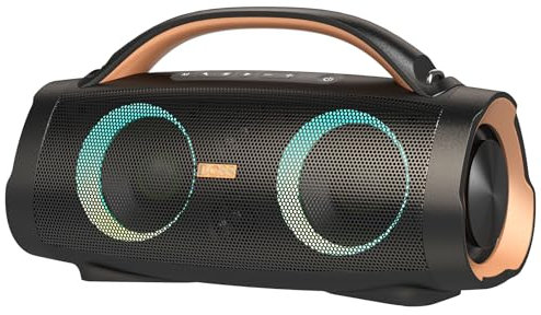 DOSS Extreme Boom+ Loud Bluetooth Speaker with 100W Stereo Sound, Extra Bass, 20H Playtime, Party-Sync Led Lights, Built-in Power Bank, IPX6 Waterproof Outdoor Speaker for Camping, Travel-Copper Gold