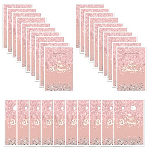 volumoon 30 Födelsedagspresentpåsar, godispåsar för barn, plast-födelsedagspåsar, små presentpåsar, presentpåsar med handtag för födelsedagar, bröllop, fester (rosa)