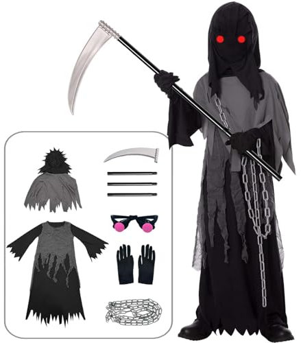 Tosekry Halloween Kostüm Kinder Jungen Sensenmann Mit Leuchtender Sense, Brille Und Ketten (5-7 Jahre)