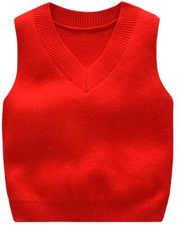 Yishengwan Maglioni Senza Maniche Bambini Maglione Gilet in Maglia a Tinta Unita con Scollo V Rosso 3-4 Anni