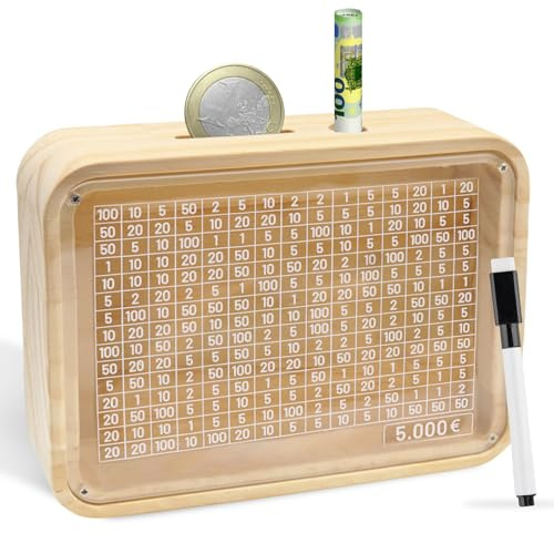 Spardose Holz, 5000€ Wiederverwendbare Sparbox Holz, Retro Sparbüchse Aufbewahrungsbox mit Sichtfenster, Sparbox mit Zahlen zum Ankreuzen, Sparschwein mit Sparziel, Spar Box für Erwachsene Kinder