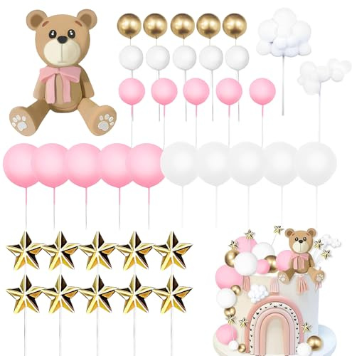 38 Pcs Baby Shower Cake Decoration, Ball Cake Toppers Teddy Bear Cake Decorations for Girls Mini Balloon Cupcake Toppers for Birthday Party Wedding