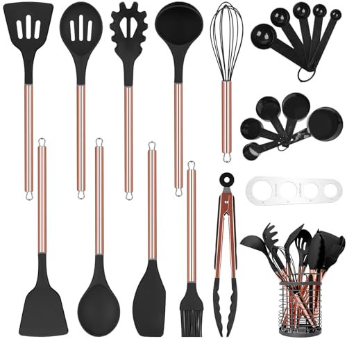Arquiel Küchenhelfer Set Silikon, 22-teiliges Küchenutensilien Set mit Edelstahlgriff, Kochgeschirr Set mit Utensilienhalter, Messlöffelsets Küchenset (Schwarz und Gold)