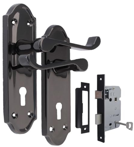Epsom Door Handle Victorian Style Black Nickel Internal Lock Door Handle Set – Lever on Backplate – Includes 3 Lever Mortice Sash Lock – 1 Pair