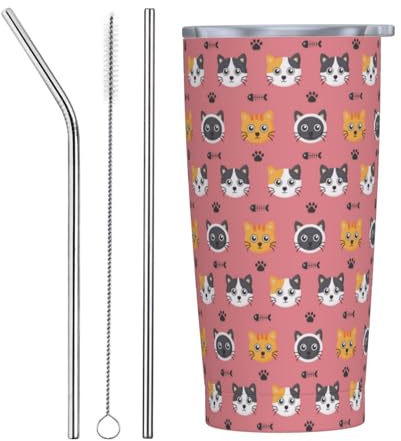 VOSERY Botella de agua de 20 onzas con tapa y popote, vaso aislado de espina de pescado de gato de dibujos animados, vasos de acero inoxidable, taza de café de viaje, vaso personalizado