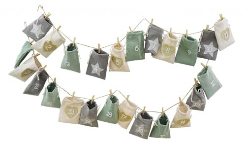 Seaside No.64 - Adventskalender aus Cord - mit 24 Säckchen zum Befüllen und Klammern - Länge ca. 290 cm - in verschiedenen Ausführungen - Weihnachten Advent DIY wiederverwendbar (grün, grau, creme)