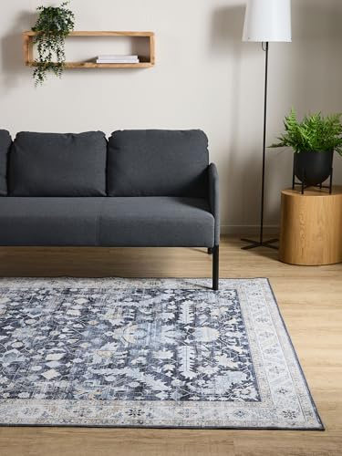 Interiyou Vintage Teppich Wohnzimmer Gent - 240x340 cm Blau - Für Schlafzimmer, Esszimmer, Kinderzimmer - Kurzflor waschbar und rutschfest, Print Muster