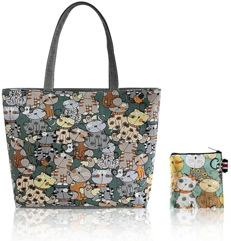 Fosdick Borsa Gatto Tote Bag Aestetica, 42x30cm a Tracolla e Spalla, Shopper Riutilizzabile con Cerniera e Tasca Interna