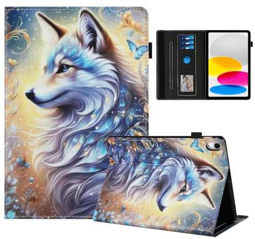 Rostsant Coque pour iPad 11 Pouces(A16) 2025/iPad 10ème Génération 10.9 Pouces 2022 Impression Graphique Housse en Tablette Cuir PU Protection pour iPad 10.9 Loup Blanc