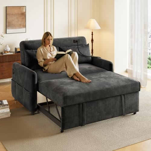 Huayz Sofa mit Schlaffunktion, Sofa 2 Sitzer Modernes Doppel Klappbares Schlafsofa, Multifunktionssofa mit Verstellbare Rückenlehne und Handyhalter und USB Ladeanschluss, Wohnzimmer Möbel (Grau)