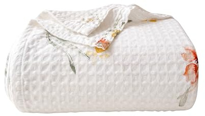 CHUFFED 100% Baumwolle Decke 220x240 cm, Weiche Atmungsaktive Tagesdecke Waffelmuster Blumenmuster Leichte Decke als Sofadecke Couchdecke Kuschelige Wohndecke Wohnzimmer Sofa Couch White Blumendruck