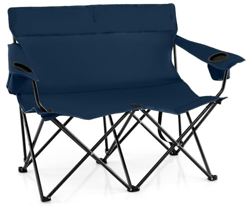 COSTWAY Campingstol för 2 personer, hopfällbar stol med mugghållare, armstöd och bärväska, 300 kg lastkapacitet, vikbar campingbänk, hopfällbar stol för camping, picknick, fiske (blå)