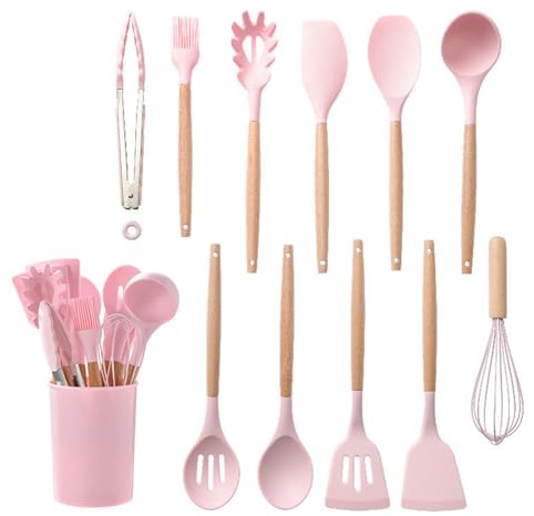 12- Piece Silicone Kitchen Utensil Set, Cooking Utensils Spatula Set Heat Resistant Non- Stick Kitchen Tools Include Spoons Turner Spatula Ladle Tong for Baking Cooking and Mixing, Pink