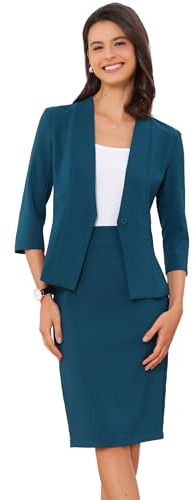 Allegra K Business Skirt Suit Set for Women's 2 Piece Office Work Outfit Collarless Blazer Pencil Skirt Lake Blue L