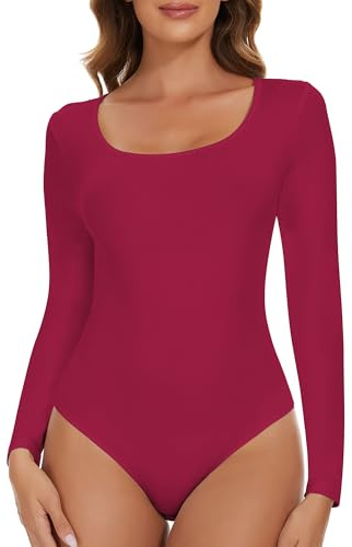 SHAPERIN Dam body långärmad rund hals bodysuit långärmad tröja dambody tanga långärmad bodysuit toppar underbody, Lila röd, XL