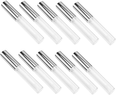 BAZEITFLOW Lot de 10 Tubes Circulaires à Lèvres 10 Ml Plastique Transparent Argenté, Conteneurs Vides pour Gloss, pour Femme, Usage Voyage et Maquillage Quotidien