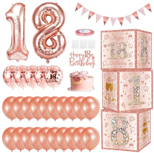 18. Geburtstag Mädchen Dekoration Boxen, Luftballons Geburtstag Dekoration Set, Luftballons Rosegold Set mit Roségold Konfetti Ballons, Folienballon Größe 18, Tortenaufsatz