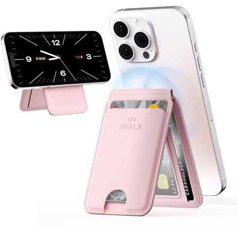 iWALK Stronger Magnetic Wallet, Upgraded for MagSafe Wallet, RFID Blocking, 5 Card Holder with Adjustable Stand, Slim Leather Phone Wallets for iPhone 16/15/14/13/12 Series, iPhone Wallets Pink