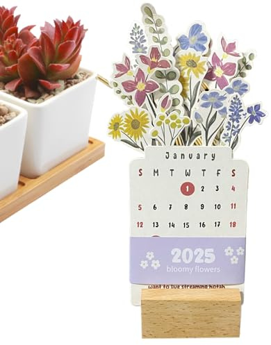 Bloomy Flowers bordskalender, bordskalender 2025, kalender med träbas – avtagbar, kreativ design för bordet