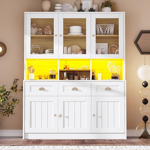 Rosebibi Küchenschrank(140×40×175cm), Hochschrank Küchenbuffet, Vitrinenschrank, Buffetschrank mit Verstellbaren Ablagen, Sideboard mit LED-Beleuchtung,Variable Lichtfarben (Weiß)