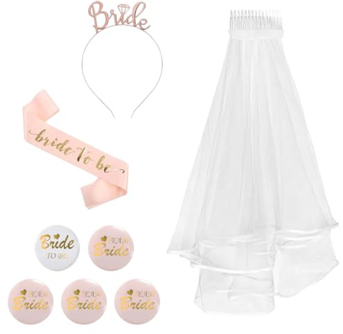 Bride to Be Set mit Tiara, Schärpe, Schleier, Abzeichen (1×Braut + 4×Team Braut) - Junggesellinnenabschied Accessoires für Frauen, Bachelorette Party Fotorequisiten, Hochzeit Deko
