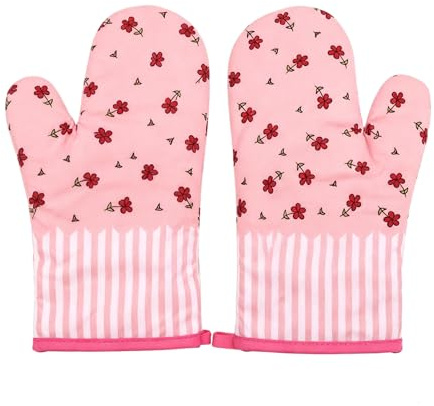 Pink Oven Gloves, Pink Kitchen Accessories, MINWEGI Heat Resistant Oven Mitts, 2PCS Flower Pattern Cotton Oven Gloves for Baking, Cooking, BBQ, 25.5x16cm