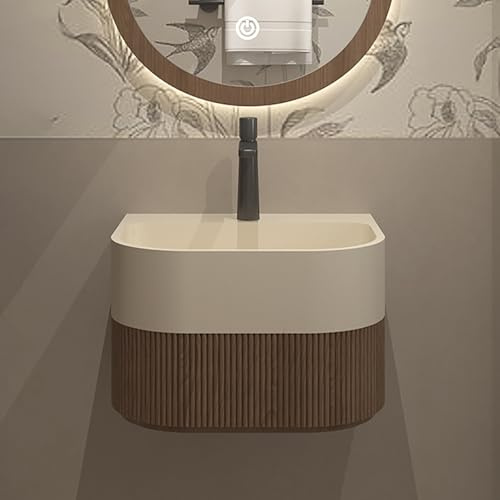 Lavabo da Appoggio a Parete con Rubinetto, Lavandino in Superficie Solida con Design a Righe, Altezza Ergonomica per Bagni Piccoli(Brown)
