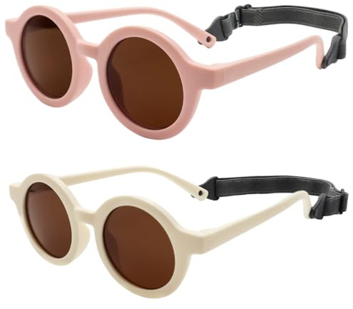 LOJUDI Gafas de Sol Bebe 0 a 36 Meses - Polarizadas con Correa Ajustable Redondas Marco de Silicona Oculos de Sol Bebe Niña Niño para 0-2 Años Protección UV400