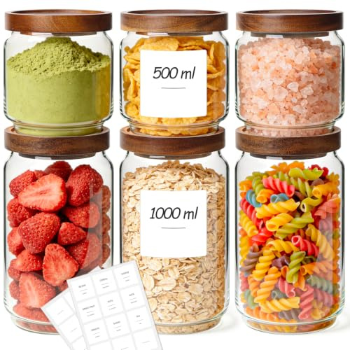 ComSaf 6PCS (1.1Qt/0.5Qt) Glass Pantry Storage Container with Acacia Wood Lid, Airtight Glass Canister with Stacked Design for Orderly Organizing, Glass Jar Organizing Dry Goods in Pantry & Cabinet