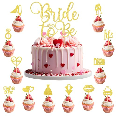 13Pcs Bride to Be Cake Topper, Bride or Die Cupcake Toppers, Golden Wedding Cupcake Toppers, Hen Party Cake Topper, Bridal Shower Cake Decorations for Bridal Shower Bachelorette Party Engagement
